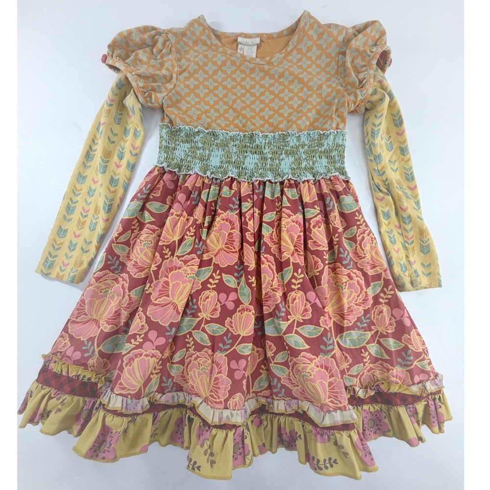 Matilda Jane Girls Dress Size 8 Mixed Floral Geometric Ruffle Hem Long Sleeve